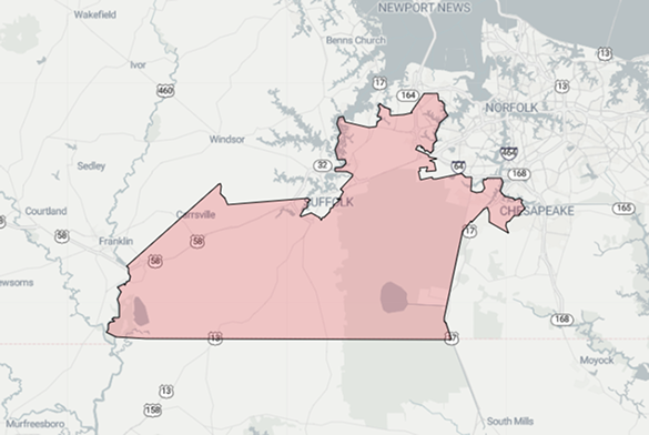 A map of Virginia with House District 89 overlaid in pink